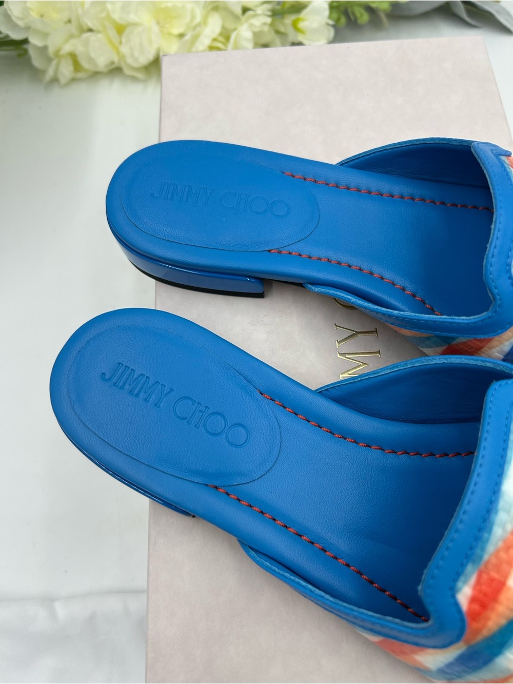 Women's Jimmy Choo Bright Blue Multicolor Patterned Slide Sandals size 38 - Picture 6 of 10
